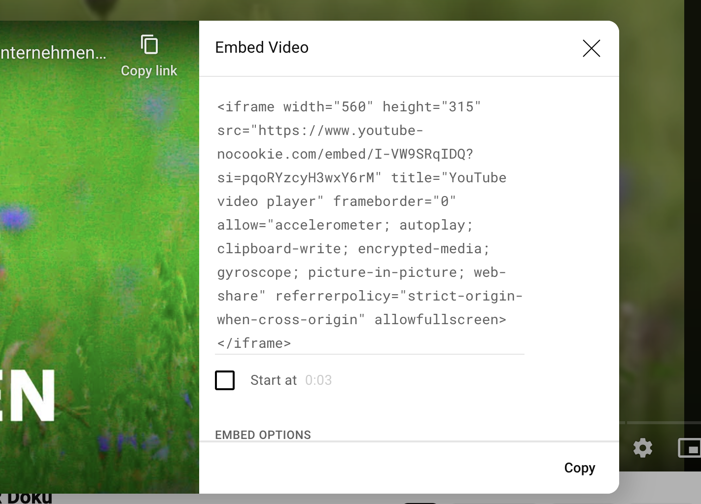 Screenshot eines YouTube Embed Codes.