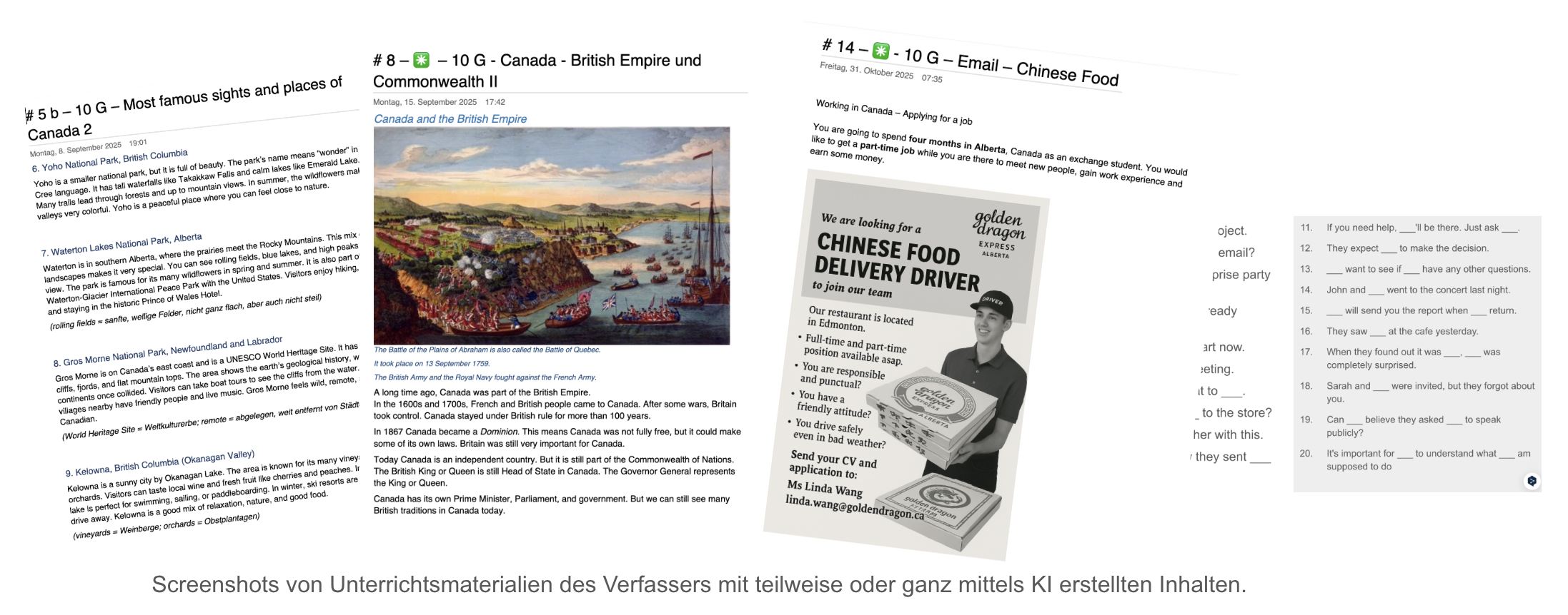 Screenshots von Unterrichtsmaterialien des Verfassers mit teilweise oder ganz mittels KI erstellten Inhalten